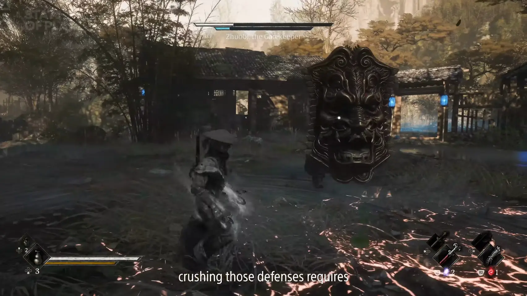 A shield carved with a beast’s face stands upright in a yard; glowing cracks spread across the ground.