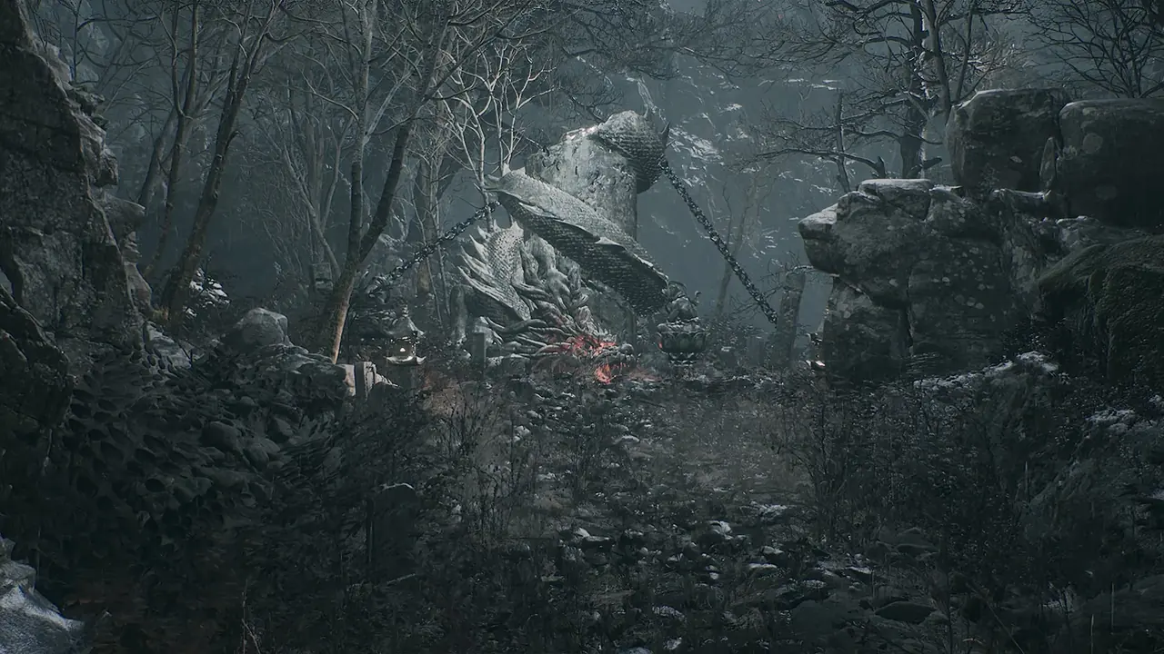 A chained dragon pillar in a dark wood.