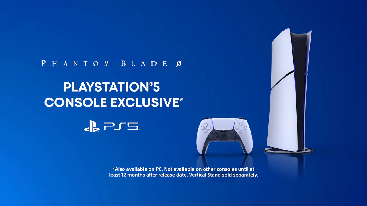 A blue card with the Phantom Blade Zero logo, the words PlayStation 5 console exclusive, a PS5 logo, a white PS5 console and controller, and a footnote.