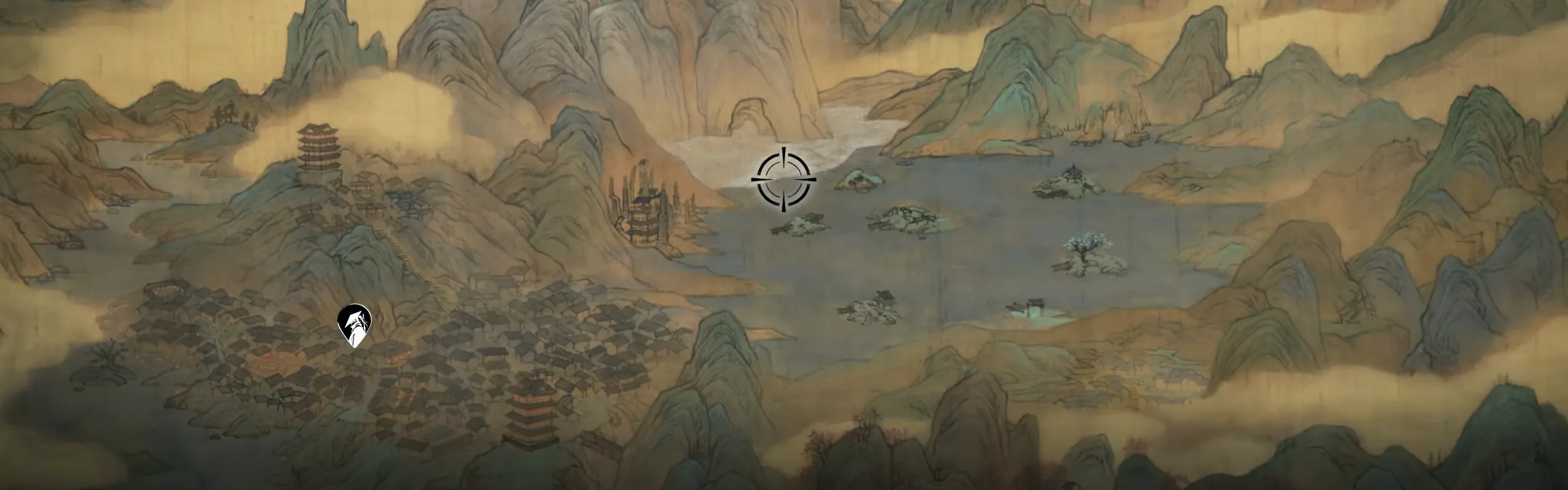A hand-painted ink-wash map of mountains around a lake, with a town and pagodas, on the in-game map screen.