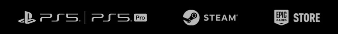 Platform logos: PS5, PS5 Pro, Steam, Epic Games Store.