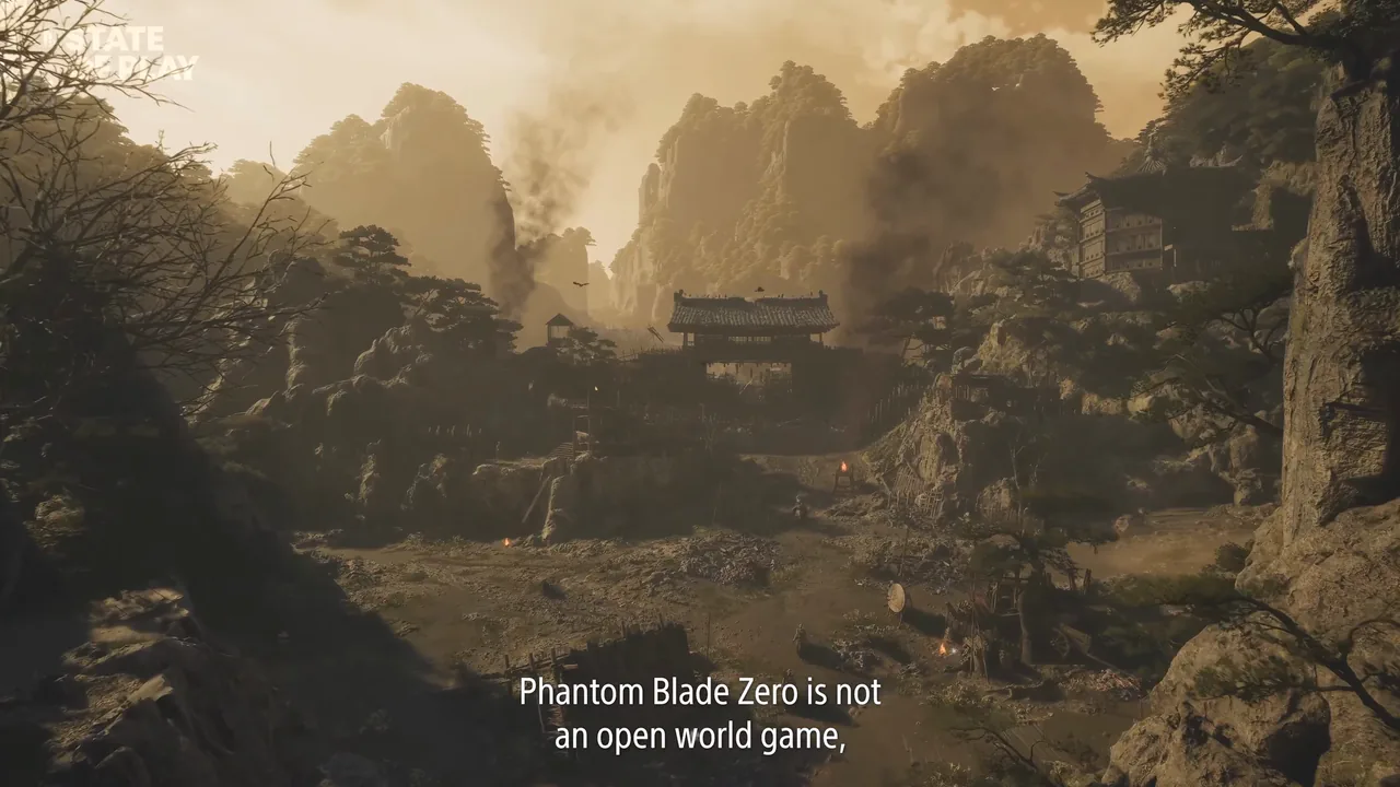 A walled hilltop fort in a rocky valley under a sepia sky, with the subtitle “Phantom Blade Zero is not an open world game,”.