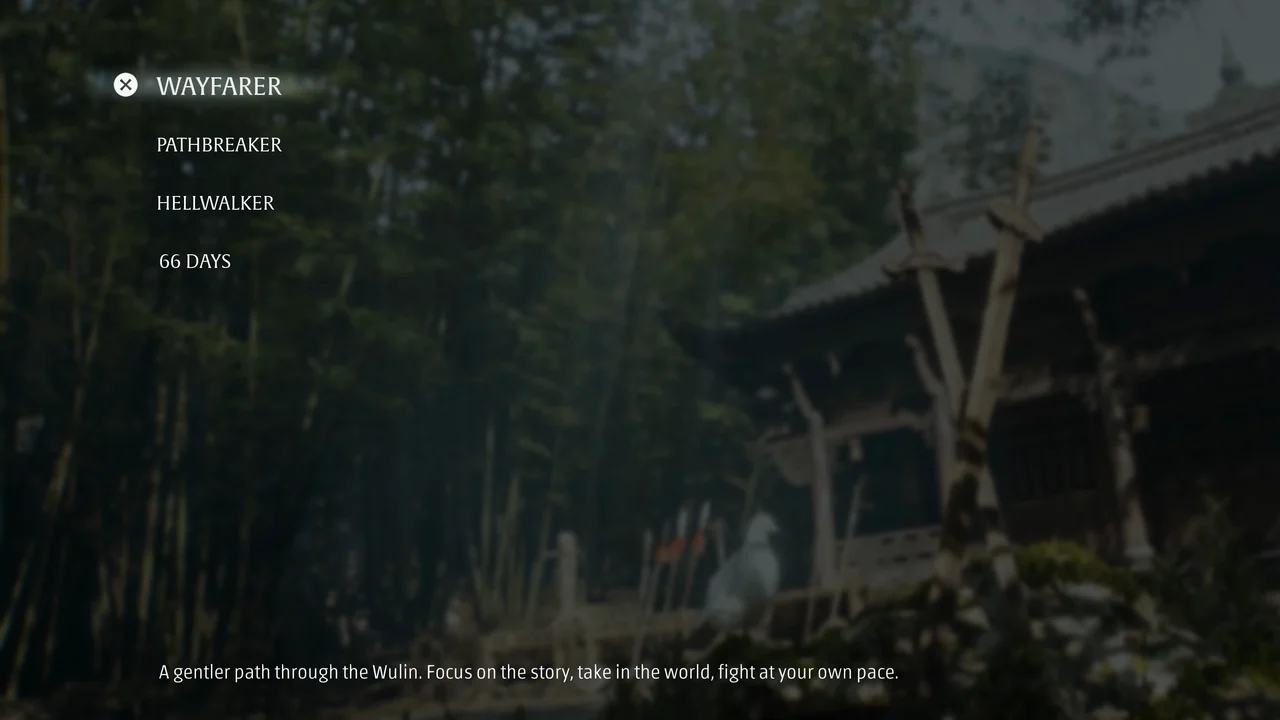 Difficulty menu listing Wayfarer, Pathbreaker, Hellwalker and 66 Days over a bamboo yard.