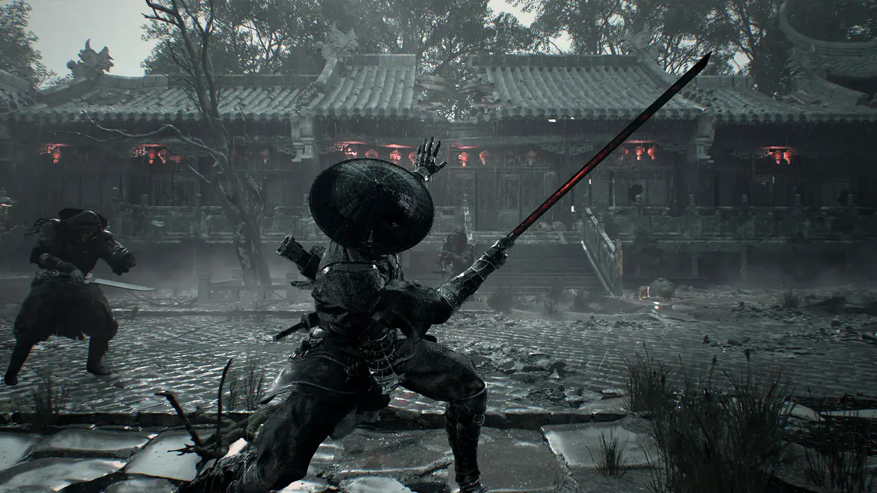 A figure in a straw hat holds a long red-edged blade, facing an armed enemy in a stone courtyard.