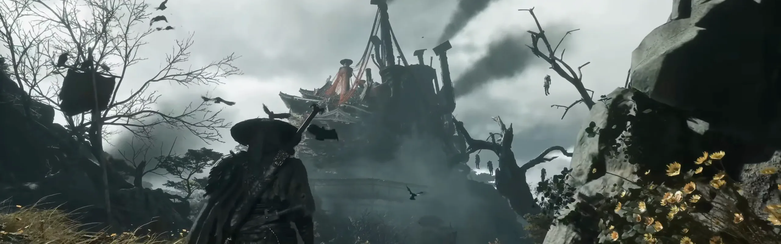 A figure in a wide straw hat stands in tall grass, looking at a smoking iron tower on a crag.