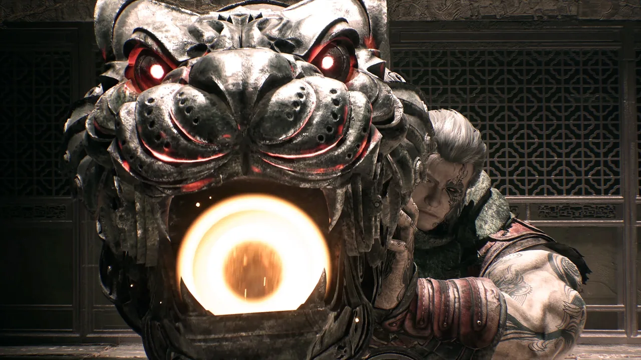 A tattooed man holds up a large metal lion head with a glowing round opening in its mouth.