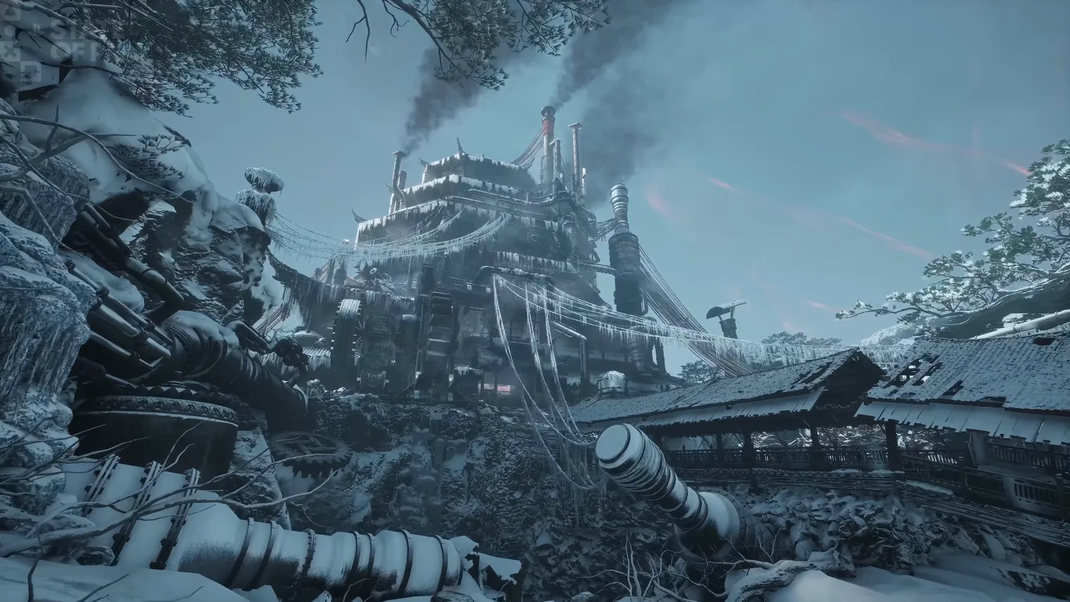 A snow-covered machine with a cluster of metal tubes and a toothed wheel, below an icy tiered building with smoking chimneys.